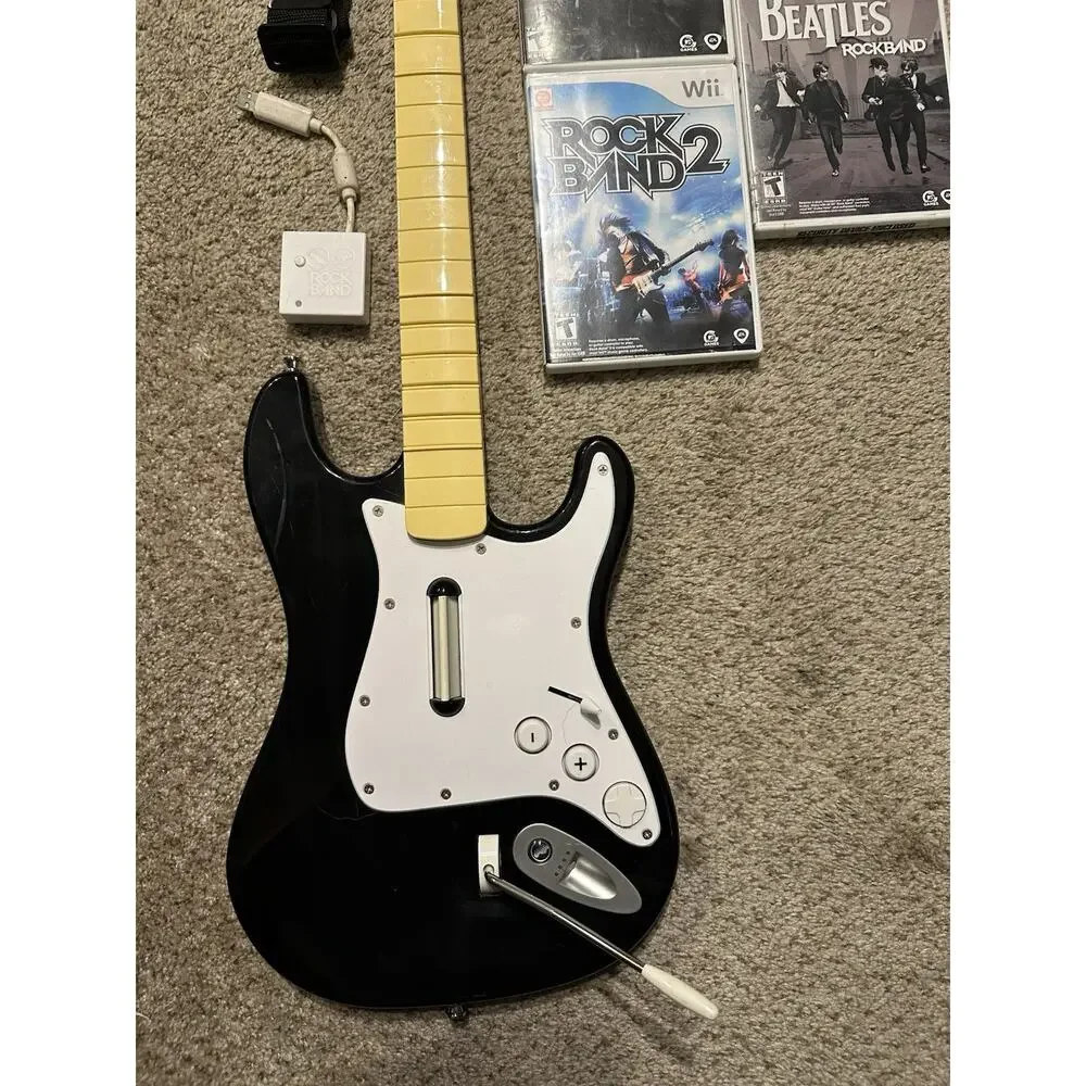 Nintendo Wii Rock Band Guitar w Dongle Strap 1 2 Games RockBand Beatles Tested